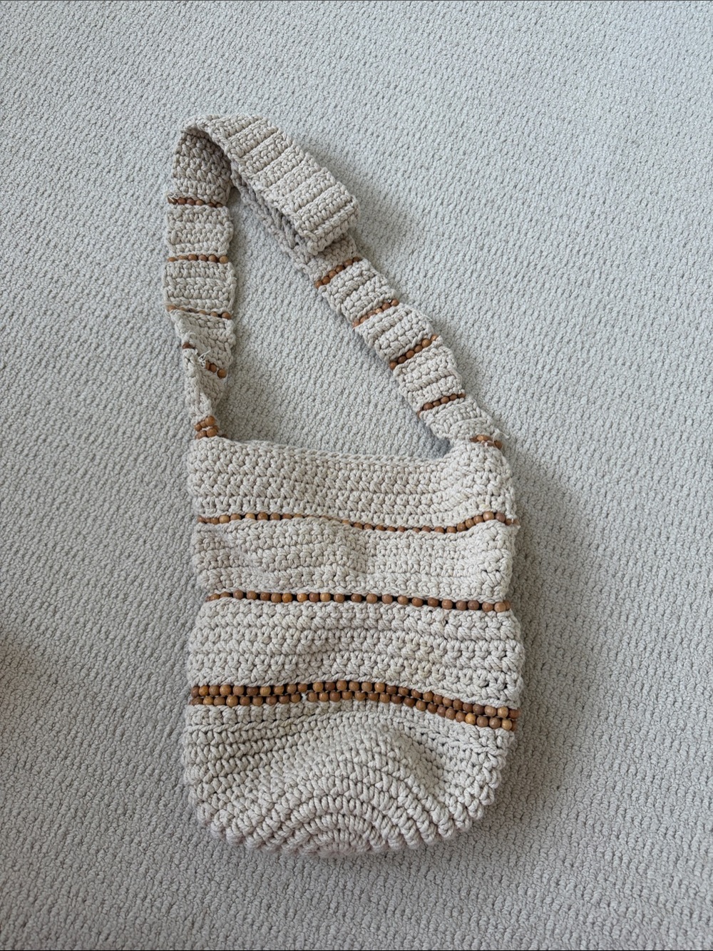 Handwoven Cream Crochet Shoulder Bag with Wood Bead Accent